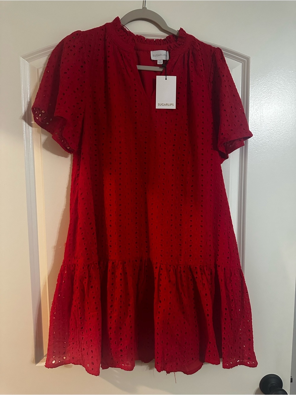 Sugarlips Red Eyelet V-Neck Dress